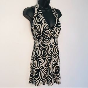 Retro Halter top XL black background cream color swirls stretch fabric